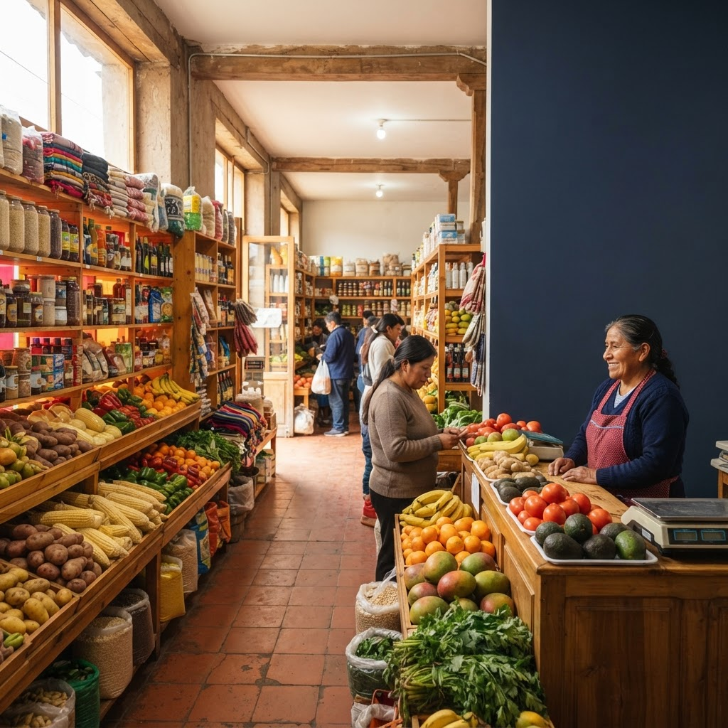 Interior de un market peruano con productos organizados